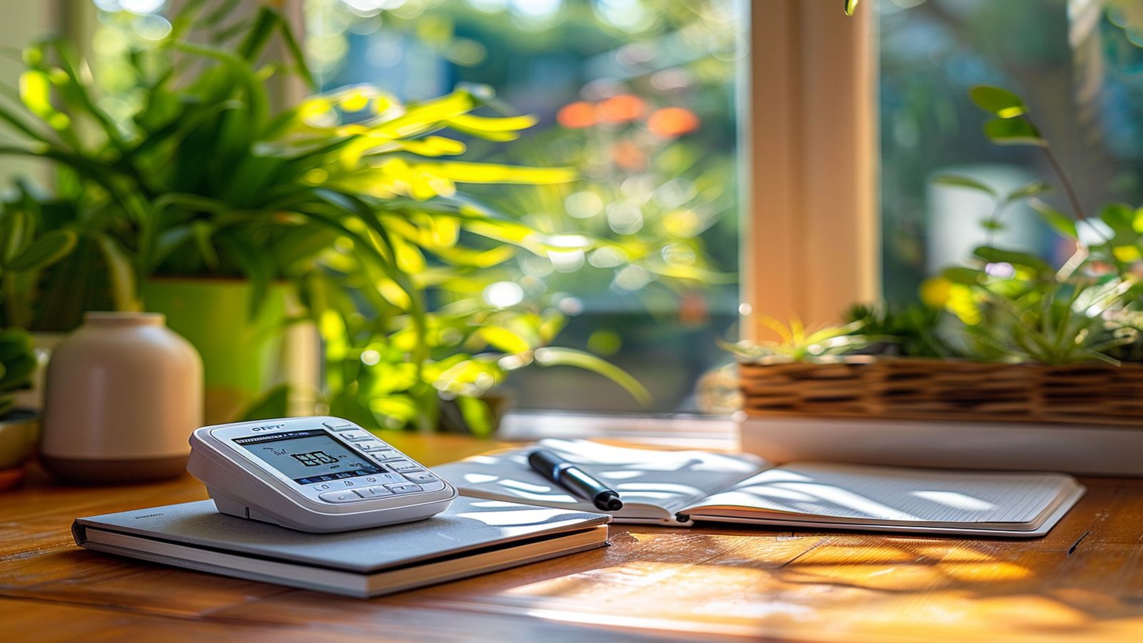 Notebook with thermal calculations beside a greenhouse temperature sensor and pen