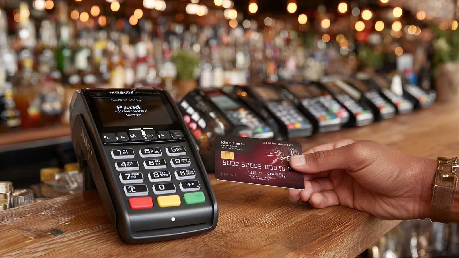 Merchant counter with a Square terminal beside handwritten flower order notes and a packaged bouquet